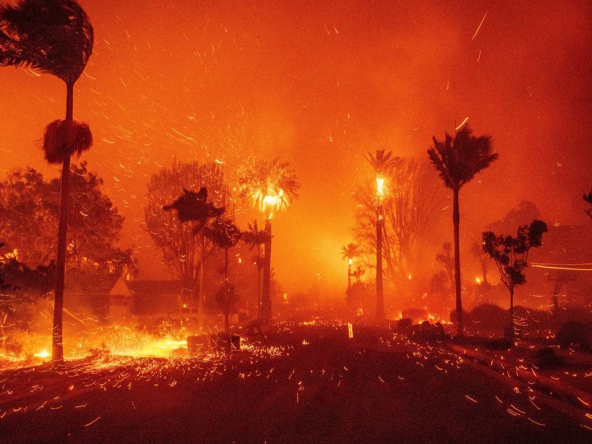 Los Angeles fires burning at night, seen from above