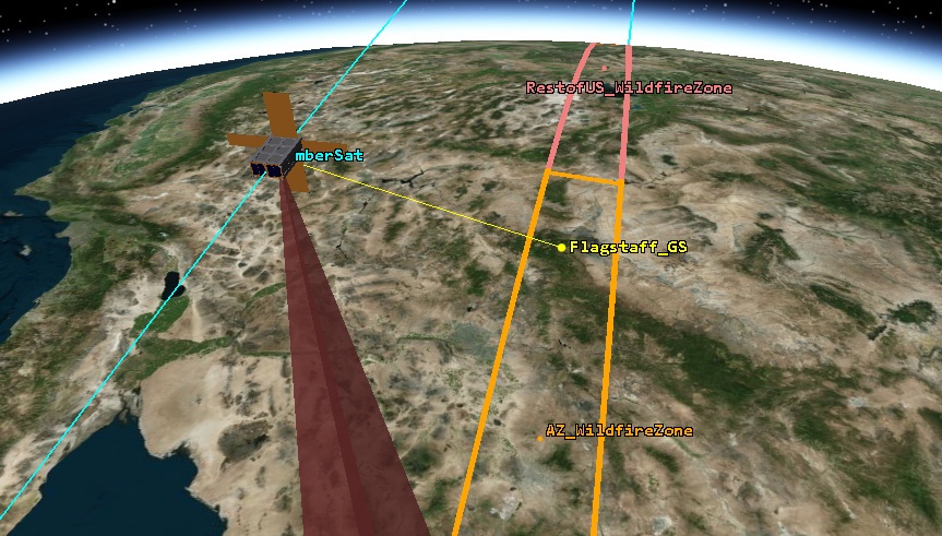 Mission simulation showing a satellite sensor cone over the Flagstaff ground station